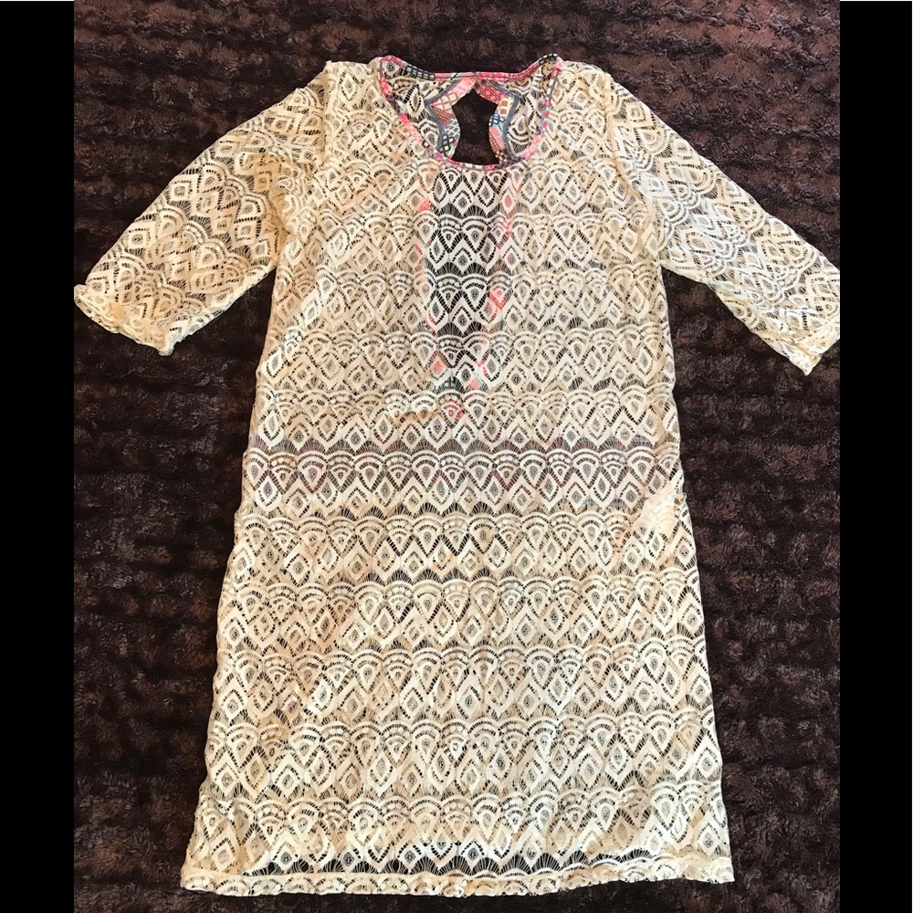 Maaji Cream Lace Crochet Back Cut Out Cover-Up